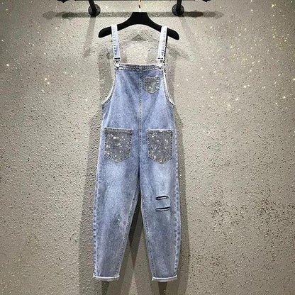 Women's Large Size Rhinestone Denim Overalls Solid Color Cropped Pants Spring and Summer Loose Ripped Harem Wide-leg Jumpsuit