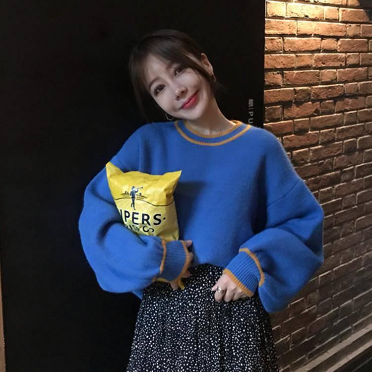 Pofulove Long-sleeved Sweater Female Lantern Sleeve Korean Loose Was Thin Sweater Coat Autumn Winter