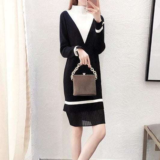 Autumn and Winter Pullover Loose Sweater Skirt Mid-length Versatile Casual Bottoming Shirt Half High Collar Simple Color Matching Sweater Dress