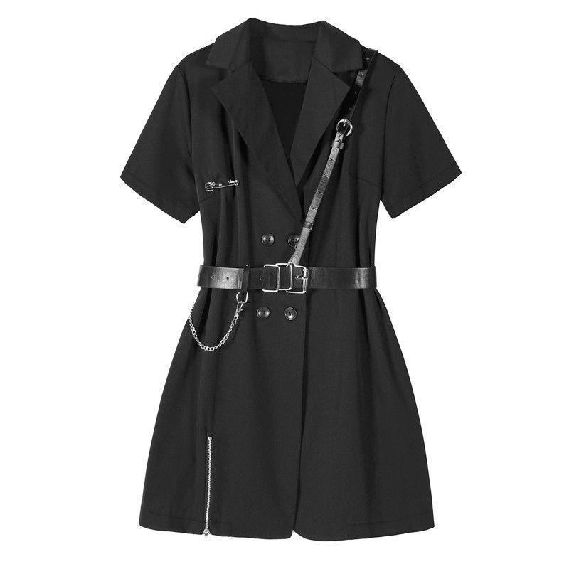 Cool Girl Black Belt Dress Women's Summer Dress Short Sleeve Turn-down Collar Knee-length Daily Wear Office Dating Party