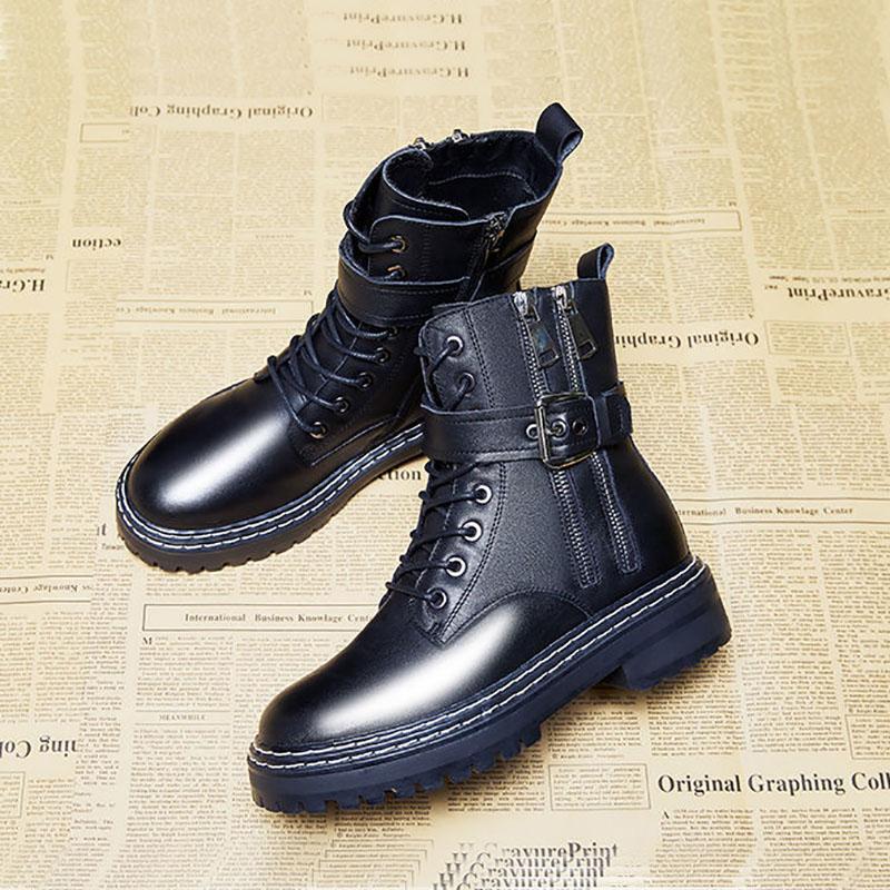 Woman Short Boots Autumn and Winter Warm Boot Thick-soled British Style Martin Boots Plush Boots Leather Velvet Boots