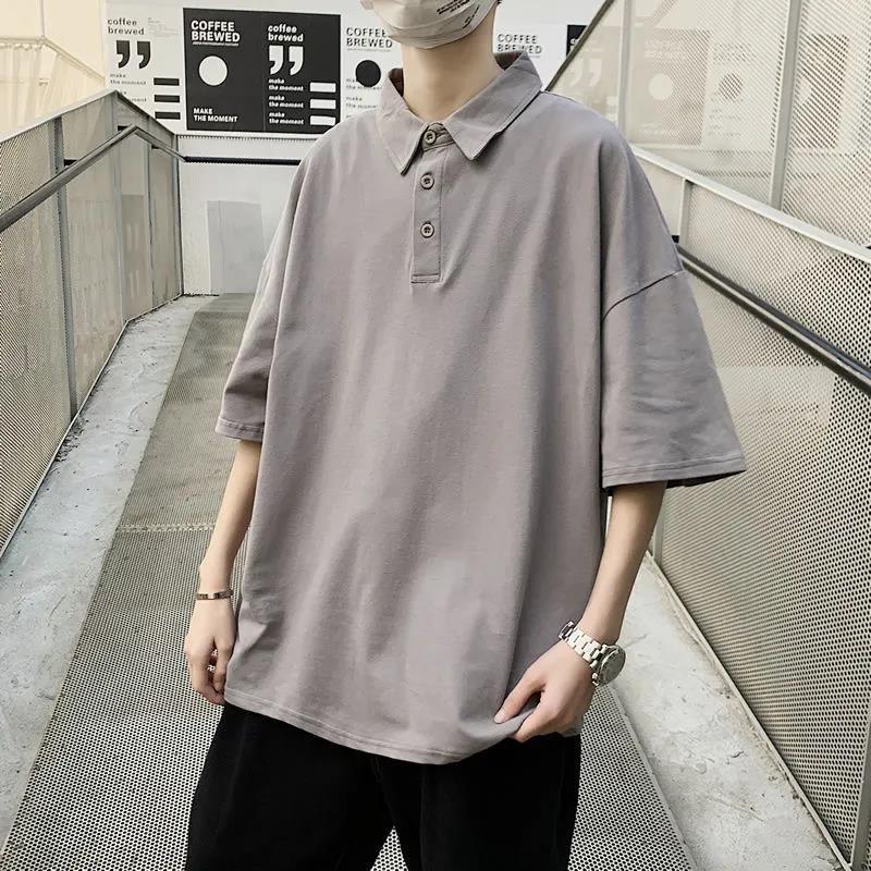 Short-sleeved T-shirt Boys Summer Loose Wild Student Half-sleeved   Shirt Ins Trend Solid Color Lapel Top