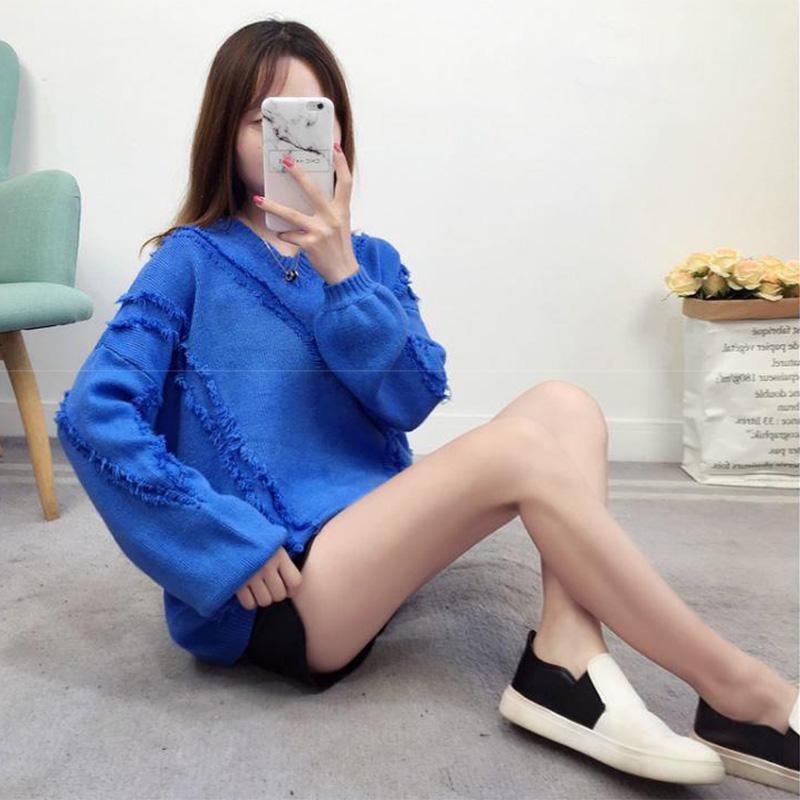 V-neck Bottoming Tattered Sweater Women Fall/winter Loose Knit Sweater Casual Fashion Top