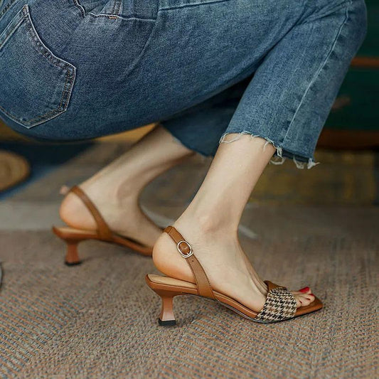 Sandals for Women Summer Mid-heel Square Toe Soft Leather All-match Stiletto Heel French High-heeled Sandal Temperament  Elegant Plaid Sandals