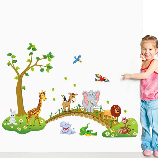 3d Cartoon Wall Stickers Jungle Wild Animal Tree Bridge Lion Giraffe Elephant Birds Flowers For Kids