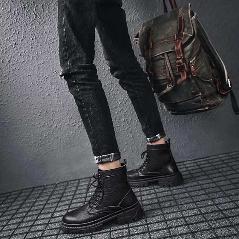 Men's Non-slip Autumn and Winter Martin Boots Net Red Ins Tooling Boots Korean Version of The British Style Black Boots Microfiber Leather Shoes
