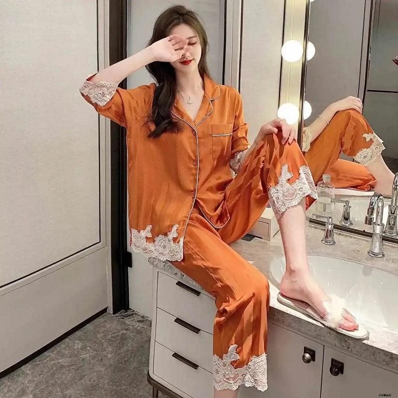 Women's Spring Autumn Long-sleeved Pajamas Set Sexy Lace V Neck Ice Silk Jacquard Striped Homewear Loose Comfortable Sleeping Suit Two-piece Set