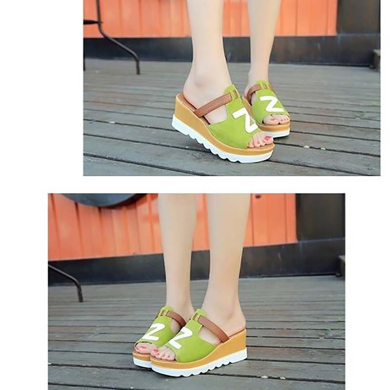 Fish Mouth Sandals and Slippers Women's Summer Frosted Leather Color Matching Thick-soled Sponge Cake Lazy One-word Drag Wedge High-heeled Sandals