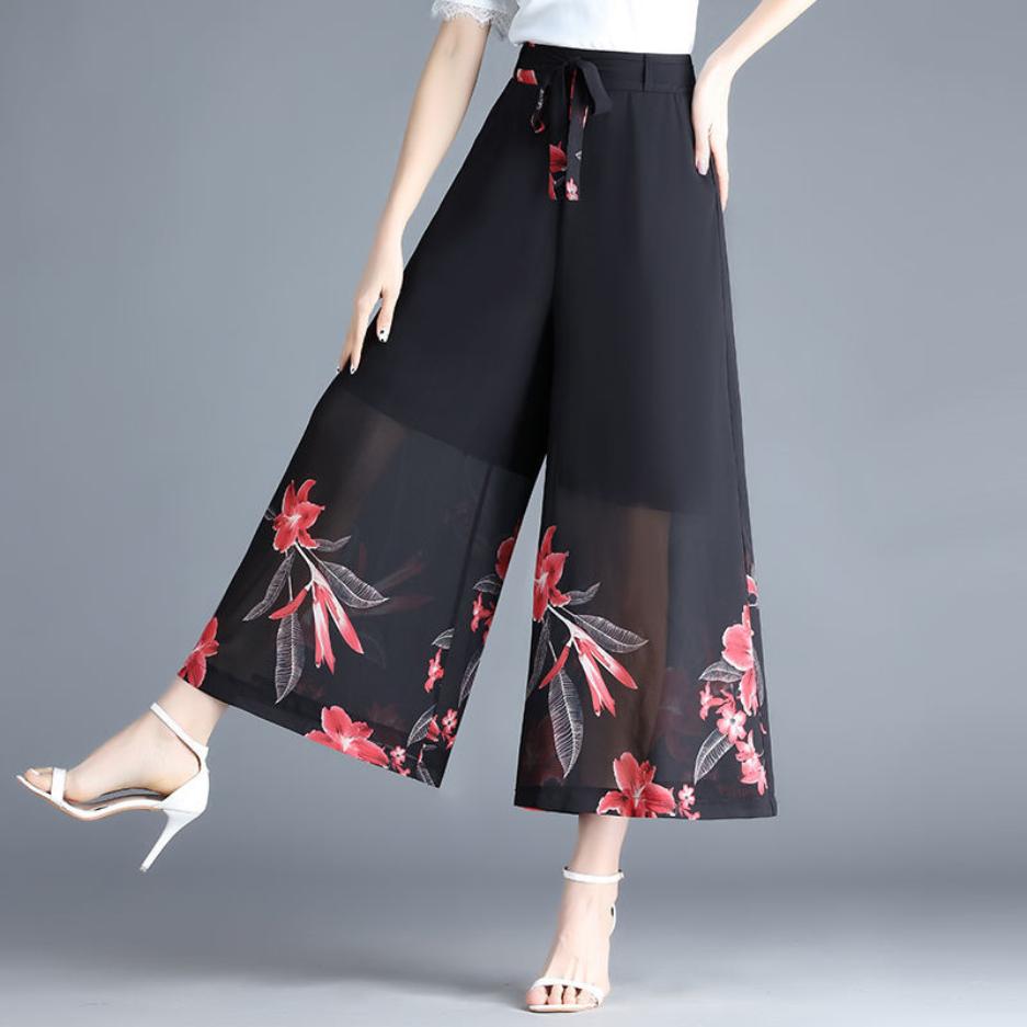 Summer Women's Pants Loose Nine Points Large Size Slim Women's Drapey High Waist Chiffon Wide Leg Pants