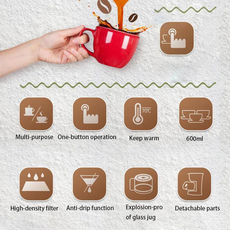 Drip Coffee Machine Filter 600W Kitchen Appliances Dripping Coffee Maker Boiled Tea Powder Milk Keep Warm 6 Cup for Gift Sonifer
