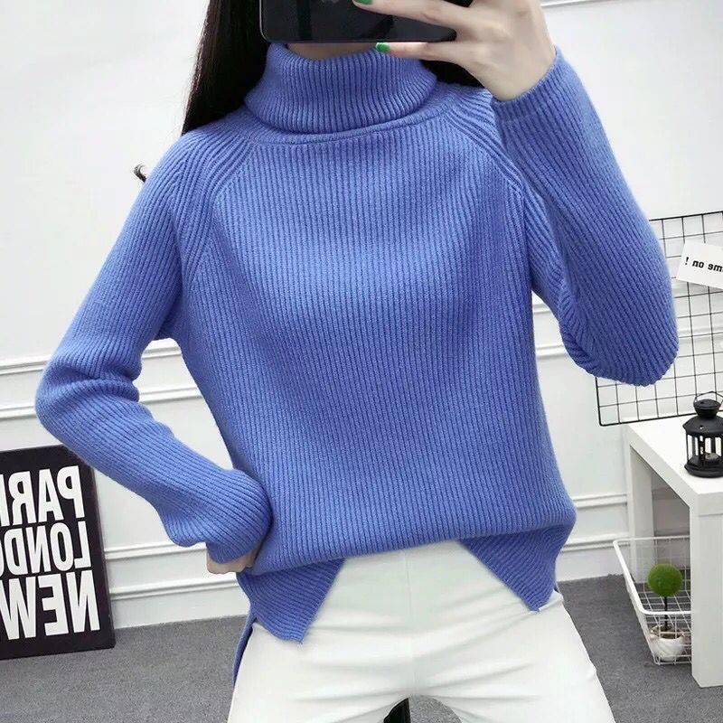 Pofulove Turtleneck Bottoming Shirt Women Winter Pullover Loose Sweater Thick Long-sleeved Bottoming