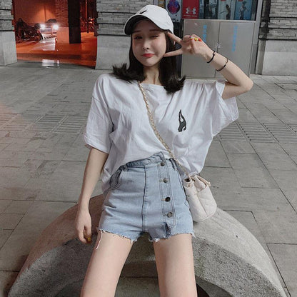 WTEMPO Irregular Buttons High Waist  Women Denim Shorts Loose Spring and Summer Casual Shorts