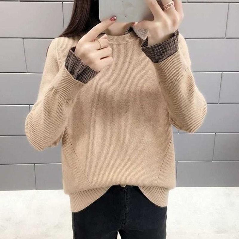 Autumn Winter knit Sweater Women Loose Pullover Sweater Korean Fake Two-piece Sweater Top for Student Office Ladies