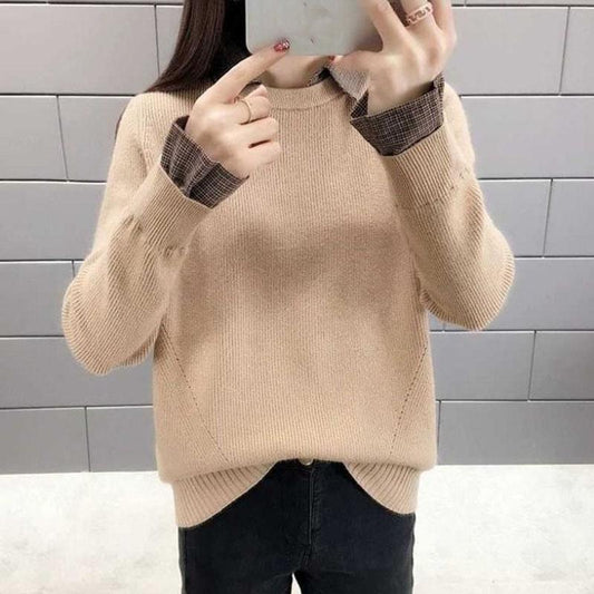Autumn Winter knit Sweater Women Loose Pullover Sweater Korean Fake Two-piece Sweater Top for Student Office Ladies