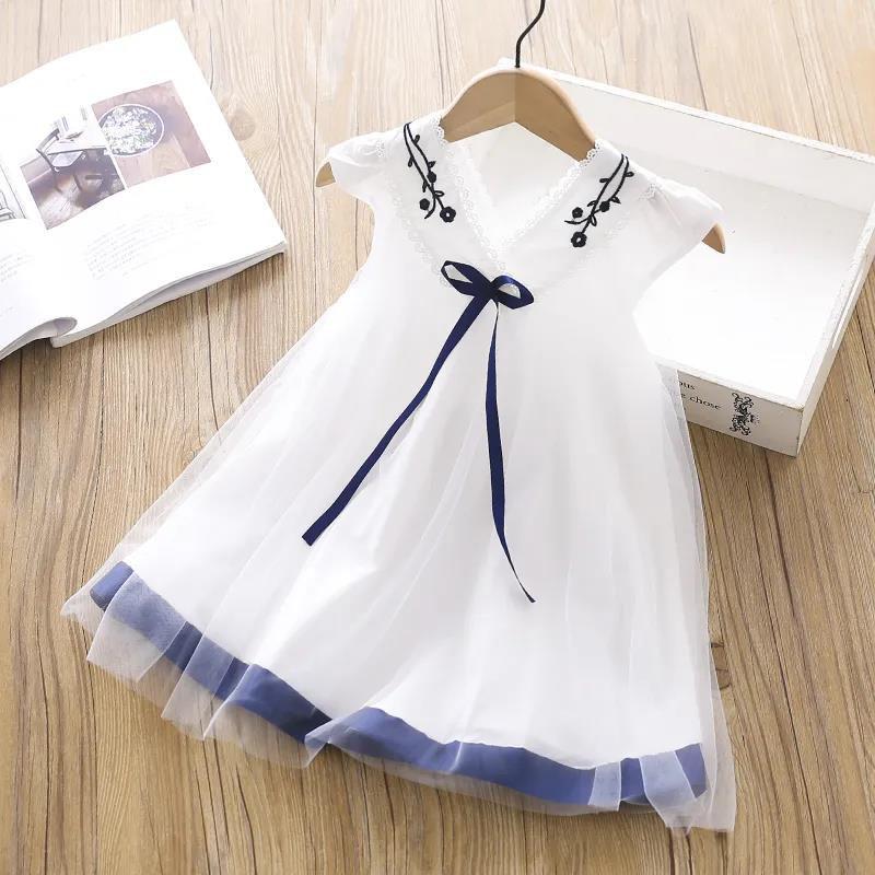 Girls Sweet Dress Children's Clothing Chinese Style Embroidered Mesh Princess Dress Girl Baby Clothes A-line Skirt