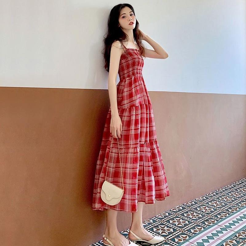 Plaid Chiffon Suspender Skirt Dress Female Summer Long French Style Over-the-knee Retro Fashion Dress