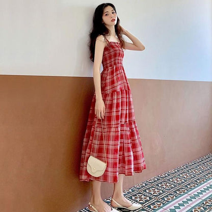Plaid Chiffon Suspender Skirt Dress Female Summer Long French Style Over-the-knee Retro Fashion Dress