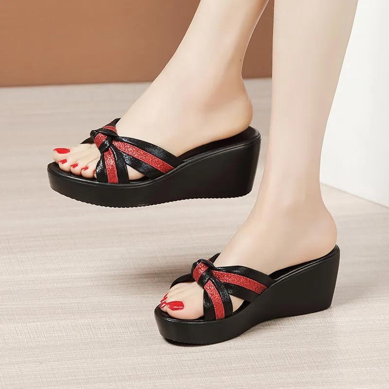 Female Large Size Soft Sole Middle Heel Slippers Women Summer Thick Wedge Heel Fish Mouth Outerwear Slippers