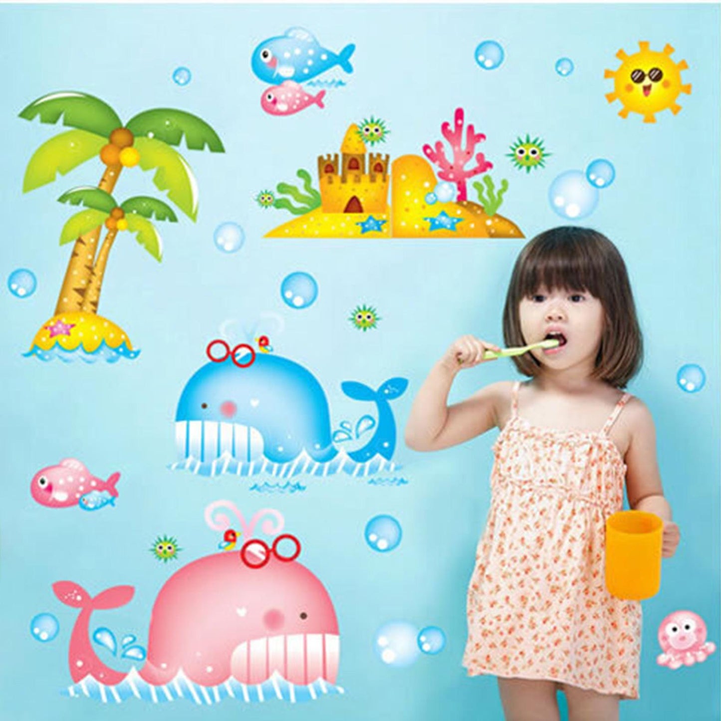 Cartoon sea bottom cute whale wall stickers porch background decoration self-adhesive wall sticker