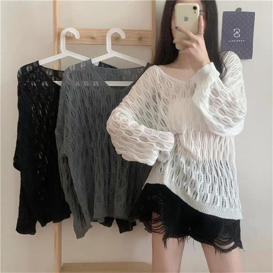 One-piece Knitted Blouse Autumn and Summer Women's Thin Loose Sunscreen Top