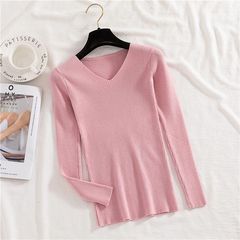 Women's Autumn and Winter V-neck Elastic Slim Sweater Versatile Large Size Knitted Pullover Long Sleeve Bottoming Sweaters