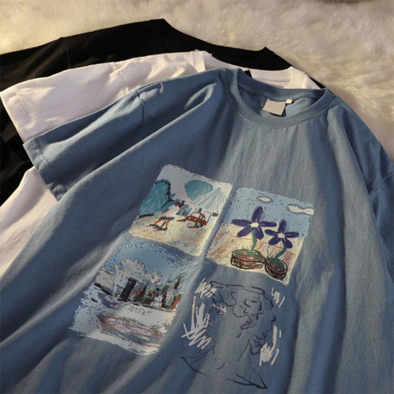 Retro Short-sleeved T-shirt Female Spring Autumn Summer Student Korean Version Loose Wild Half-sleeved Couple Ins Top Tide