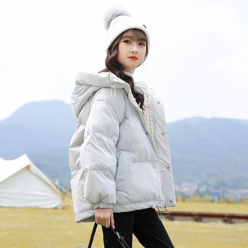 Girls' Winter Warm Down Jacket Glossy Disposable Cotton Clothes Short Padded Windproof Hooded Jacket