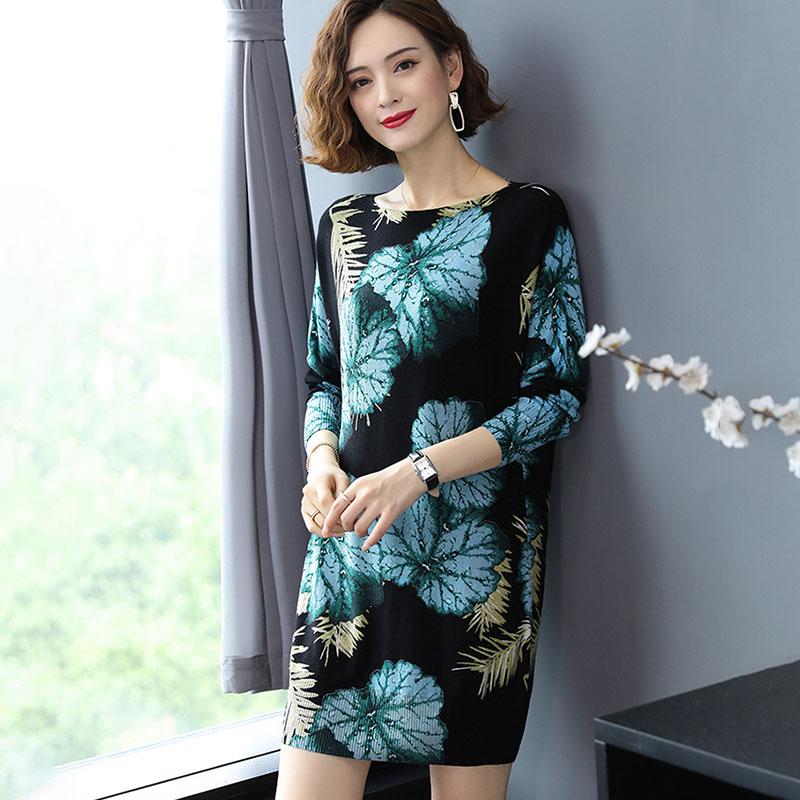Floral Print  Knit Dress Women Long Sweaters Casual Long Sleeve Loose Pullover Soft Jumper Autumn Winter Knitted Sweaters Dress