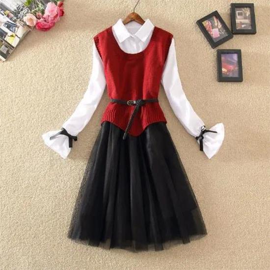Shirt Collar Mesh Stitching Dress Suit Female Spring and Autumn Bottoming Skirt Knitted Vest Two-piece Suit
