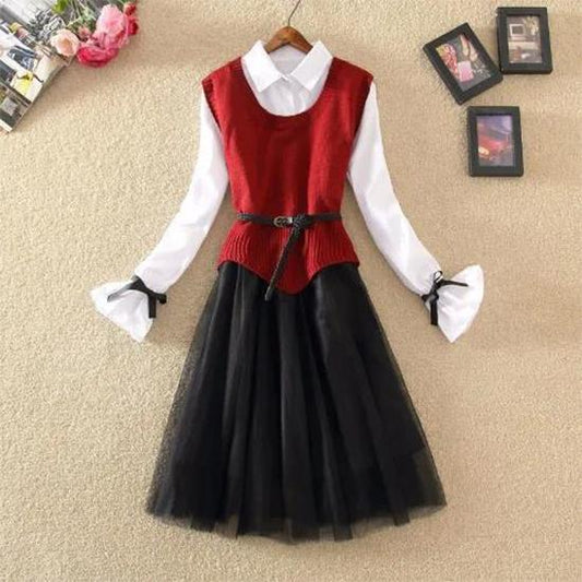Shirt Collar Mesh Stitching Dress Suit Female Spring and Autumn Bottoming Skirt Knitted Vest Two-piece Suit