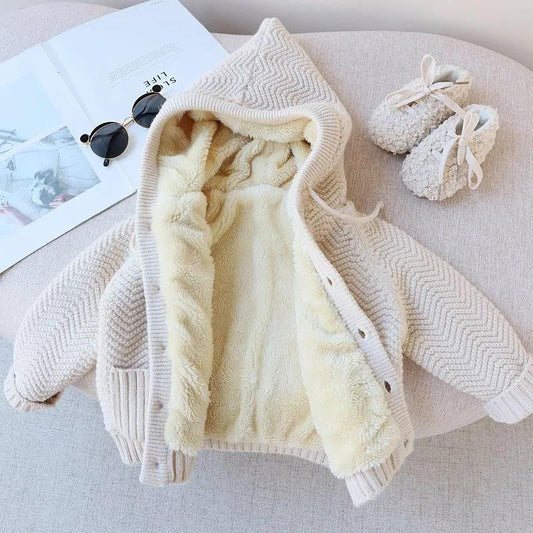 Autumn and Winter Boys' and Girls' Thickened Hooded Lamb Cashmere Sweater Coat Girl Baby Cardigan