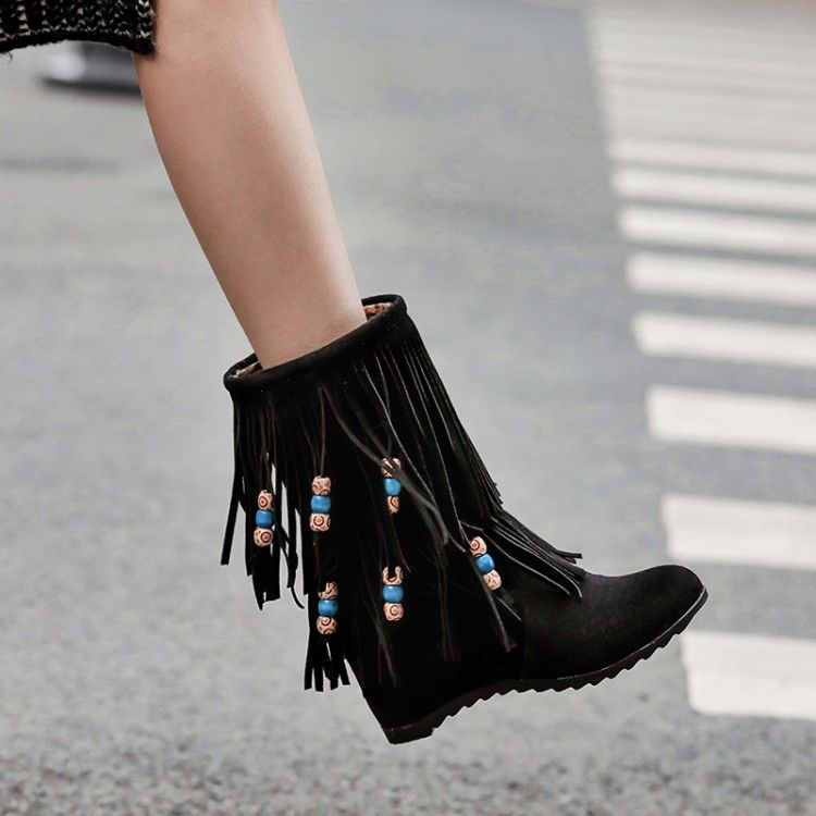 Fall/Winter Suede Boots Mihemia Beaded Inner Heightened Round Head Wedges Boots Tassel Ankle Boots Plus Size  34-43