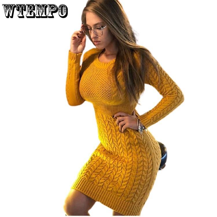 Women Solid Color Sweater Autumn Winter Sweater Dress Long Sleeve Knitted Dress