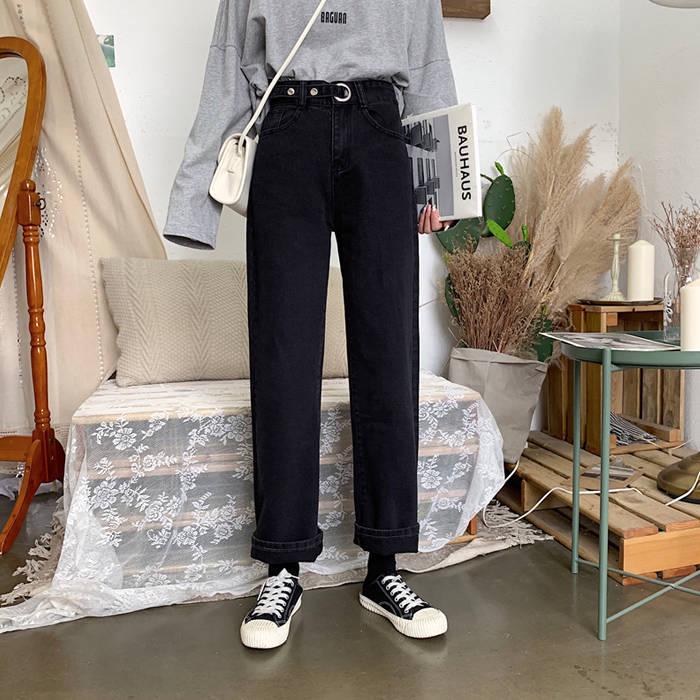 WTEMPO Spring New Thin Wide Leg Pants Female Students Wild High Waist Straight Black Denim Trousers Tide