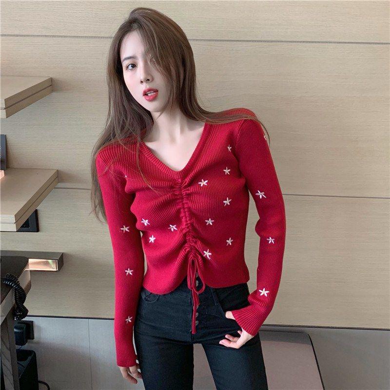 V-neck Slim Long-sleeved Knitted Bottoming Shirt Women Thickened Autumn and Winter Drawstring Ladies Sweater Top