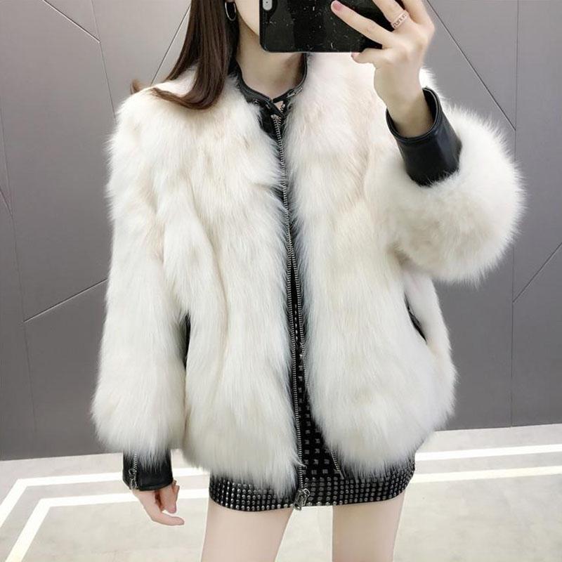 Fur Coat Women Faux Fox Fur PU Leather Stitching Jacket Short Thick Furry Coat Winter  Female Outwear
