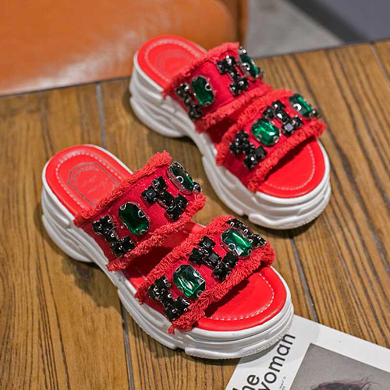 Size35-39 Summer Women Slippers Bohemian Beach Wear-resistant Non-slip Slippers Wedge Platform Rhinestone Sandals Outdoor Crystal High Heels