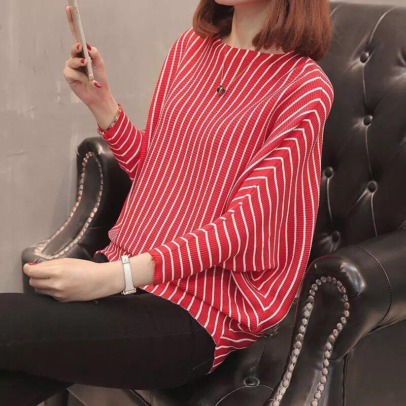 Vertical Stripes Bat Sleeve Loose Sweater One-neck Knitted Bottoming Shirt Spring and Autumn All-match Fashion Top Women