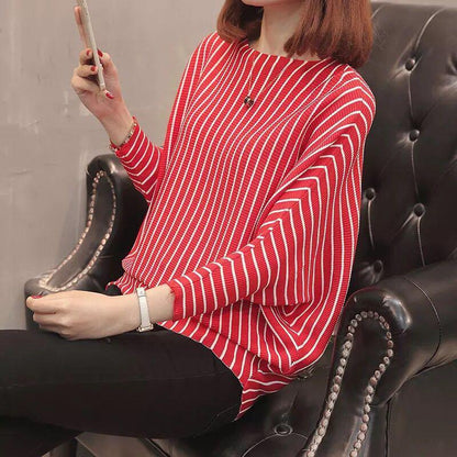 Vertical Stripes Bat Sleeve Loose Sweater One-neck Knitted Bottoming Shirt Spring and Autumn All-match Fashion Top Women