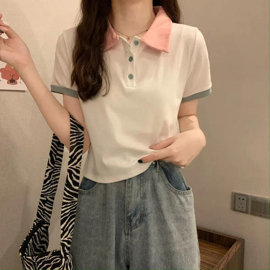 Women's Summer Short Sleeve T-Shirts Polo Collar Cropped Tops Women