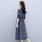 Women's Long-sleeved Round Neck Mid-length Dress Ethnic Style Thin Large-size Floral Mid-length Dress Female with Pockets for Hand In