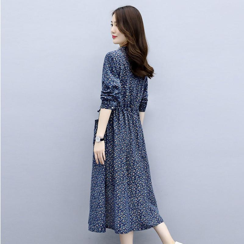 Women's Long-sleeved Round Neck Mid-length Dress Ethnic Style Thin Large-size Floral Mid-length Dress Female with Pockets for Hand In