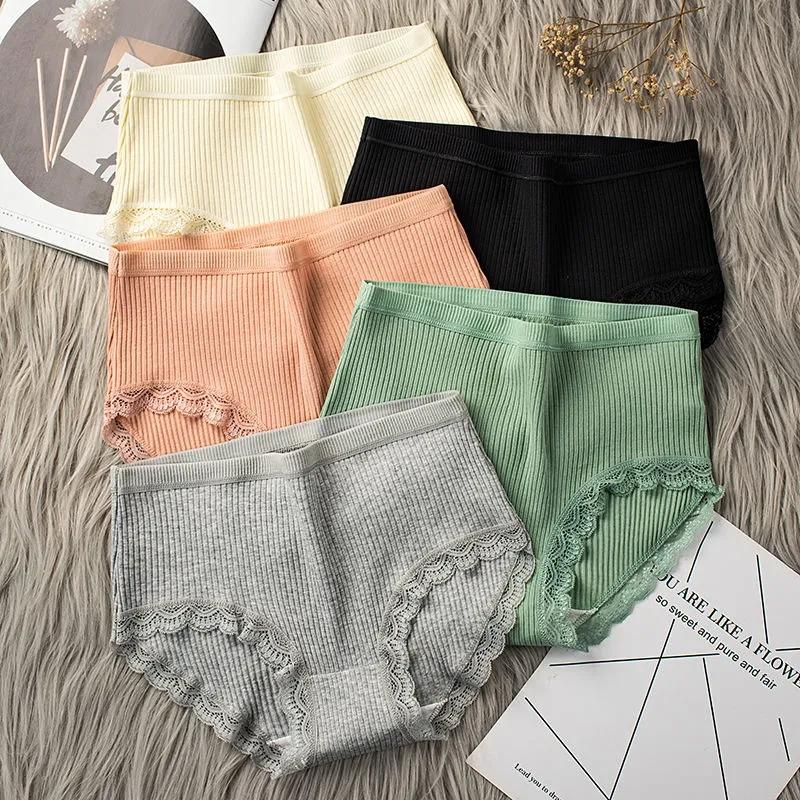 4PCS Lace Panties Women's Belly Large Size Underwear Girls 100% Cotton Crotch Antibacterial Middle High Waist Briefs Ladies Comfortable Sexy Lingerie