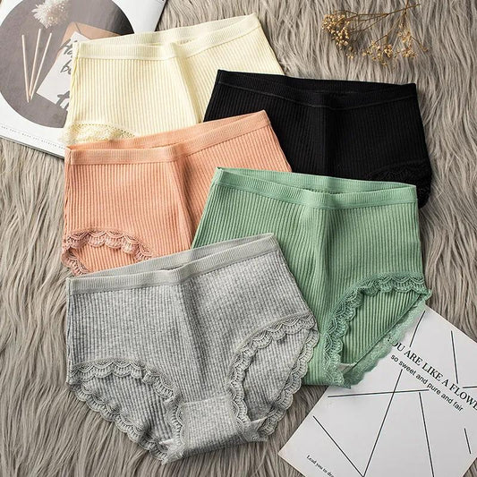 4PCS Lace Panties Women's Belly Large Size Underwear Girls 100% Cotton Crotch Antibacterial Middle High Waist Briefs Ladies Comfortable Sexy Lingerie