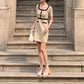 Female Vintage Knitted Short Sleeve Party Dress Slim Elegant Square High Waist Button Holiday Dress