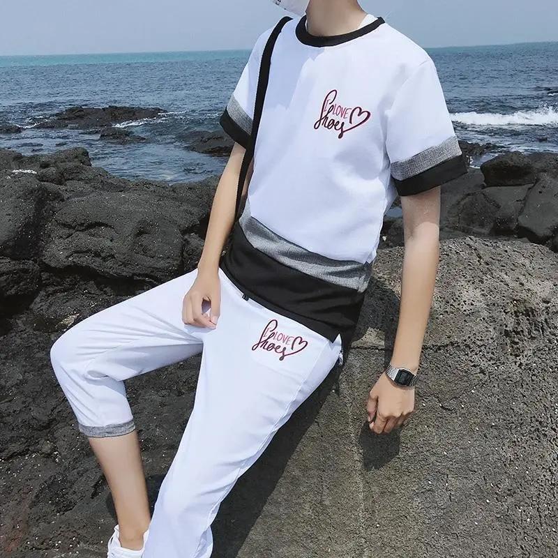 Men's Summer Suit Men's Korean Short Sleeve T-Shirt Summer Men's Splicing Casual Sports Suit