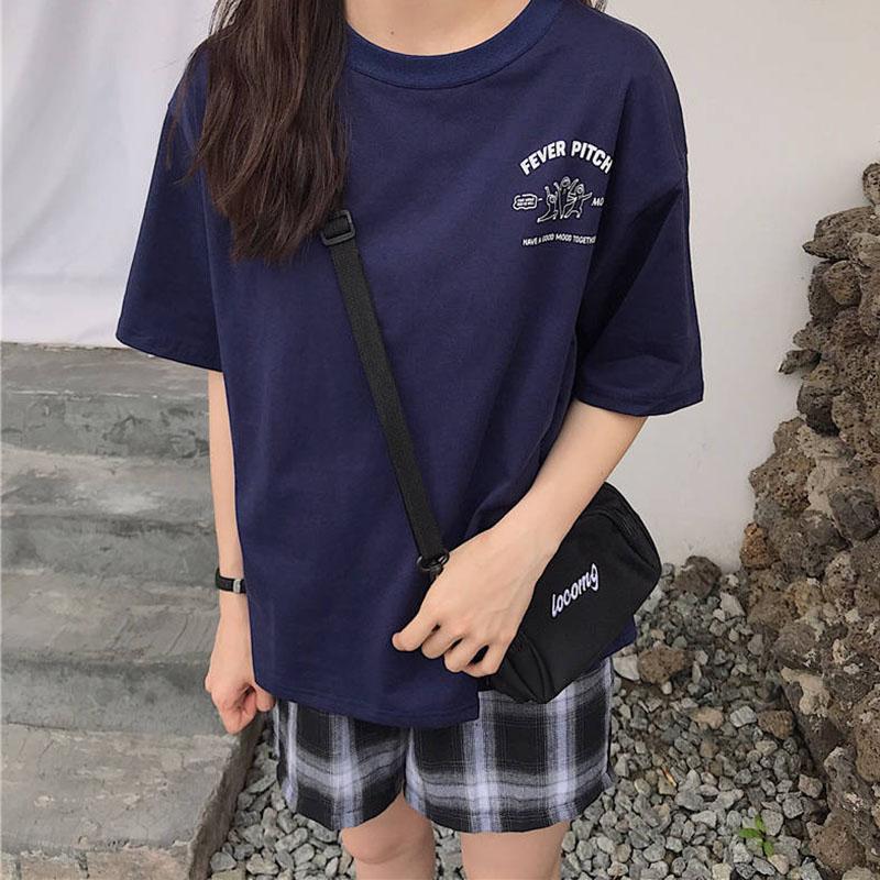 Short Sleeve T-shirt Women Summer Loose Round Neck Top Solid Color