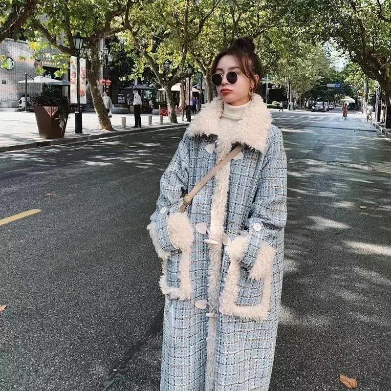 Horn Buckle Plaid Lamb Wool Coat Women Winter Korean Version Loose Thick Over-the-knee Long Woolen Coat