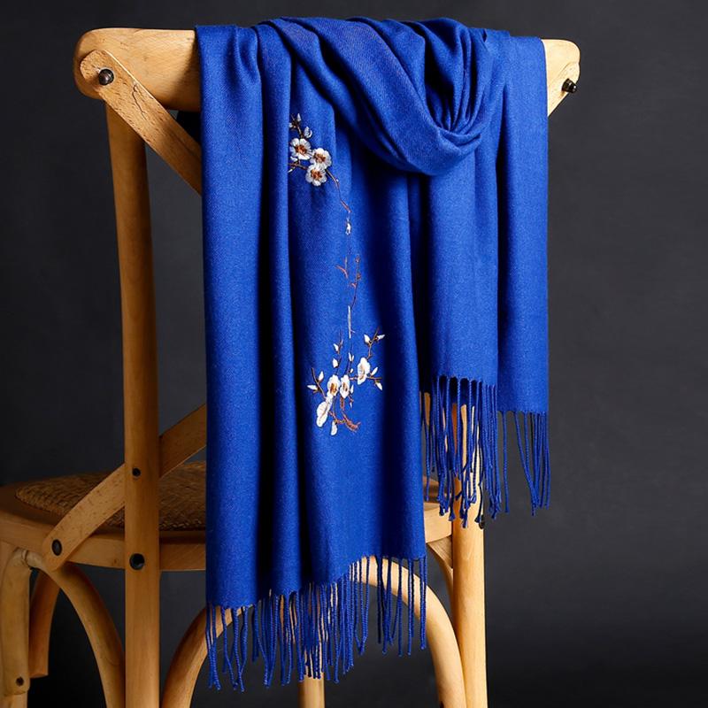 Winter Solid Color Imitation Cashmere Embroidered Scarf Mid-length Ladies Ethnic Style Tassel Shawl Warm Scarf Fabric Soft