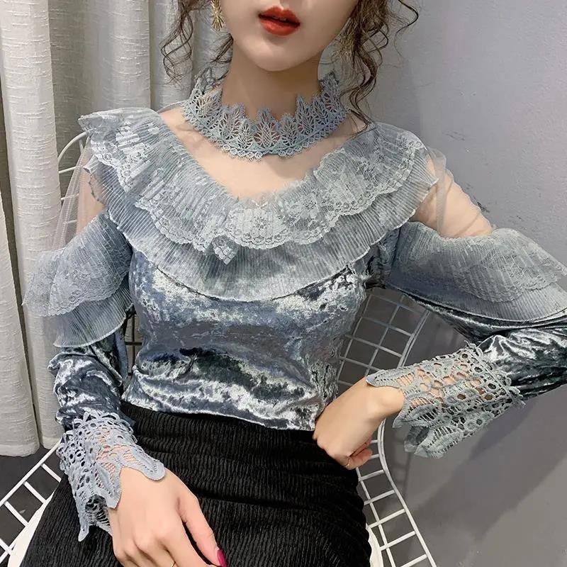Half Turtleneck Gold Velvet Lace Bottoming Shirt Spring Fashion Halter Mesh Ladies Long Sleeve Top